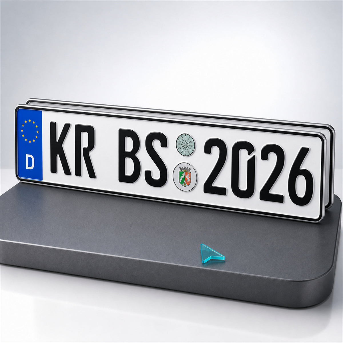 Realistisches deutsches Wunschkennzeichen KR BS 2026 auf weißer reflektierender Fläche